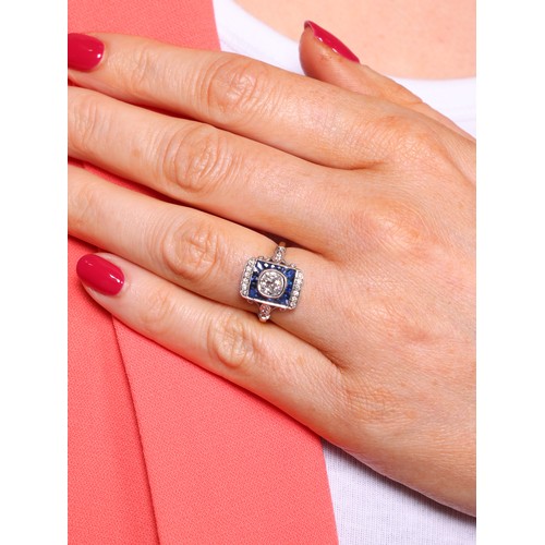 2 - An Art Deco Style Sapphire and Diamond Plaque Ring, 

the rectangular plaque set with an old-cut dia... 