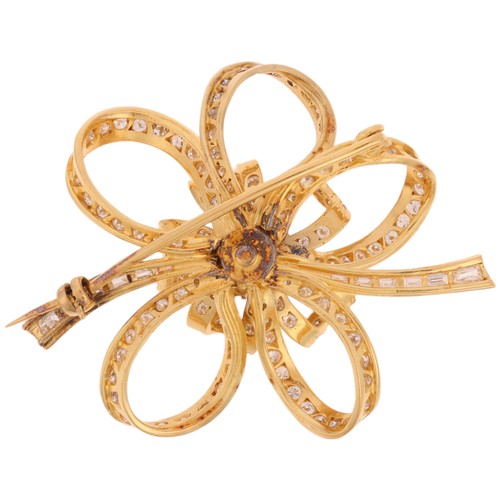 60 - A Diamond Ribbon Brooch, 

designed as a flowerhead ribbon bow, set throughout with modern round bri... 