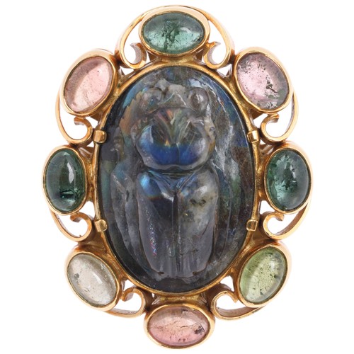 32 - A Labradorite and Gem-Set 'Scarab' Ring, 

set with a oval carved labradorite modelled as a scarab b... 