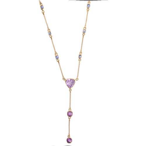 43 - An Amethyst and Tanzanite Pendant Necklace, 

the central trillion-cut amethyst suspending a fine cu... 