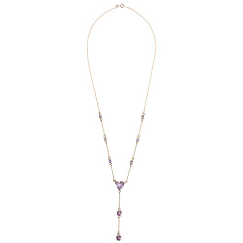 43 - An Amethyst and Tanzanite Pendant Necklace, 

the central trillion-cut amethyst suspending a fine cu... 