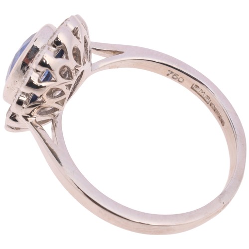 58 - A Sapphire and Diamond Cluster Ring, 

centrally rub-over set with oval mixed-cut sapphire of approx... 