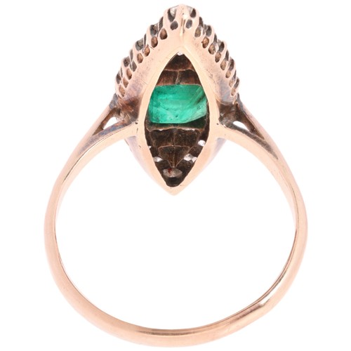 55 - An Antique Victorian Emerald and Diamond Cluster Ring, 

the marquise-shaped panel centrally claw se... 