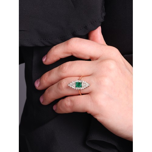 55 - An Antique Victorian Emerald and Diamond Cluster Ring, 

the marquise-shaped panel centrally claw se... 