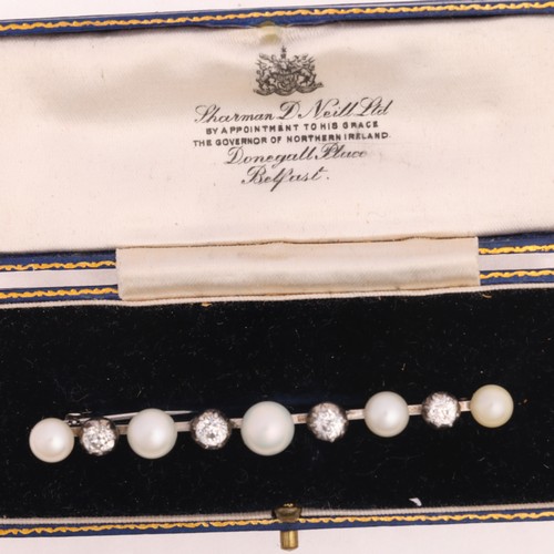 52 - An Antique Edwardian Pearl and Diamond Bar Brooch, 

circa 1905, the bar set with five graduated who... 