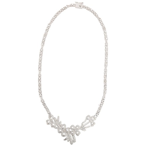 46 - A Diamond Collar Necklace, 

the pendant designed as a series of ribbon bows, and pave set with mode... 