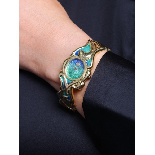 50 - An 18ct Gold and Enamel Bracelet Watch,

by Richardson & Ottewill, circa 2004, peacock enamel dial w... 