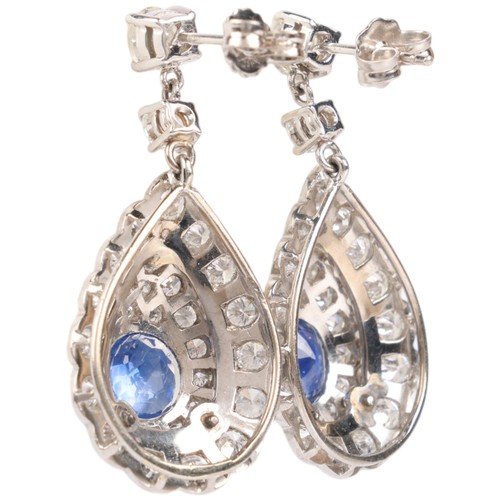 19 - A Pair of Sapphire and Diamond Stud Earrings,

the pear cluster drops set with oval mixed cut sapphi... 