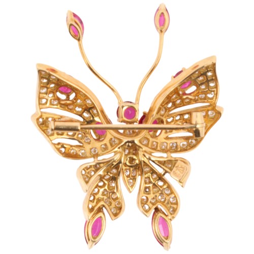 31 - A Ruby and Diamond Butterfly Brooch, 

the head wing tips and antennae set with round and marquise-c... 