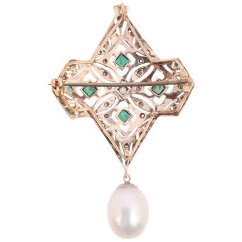 56 - A Pearl Emerald and Diamond Brooch/Pendant, 

the geometric openwork panel set with rectangular step... 