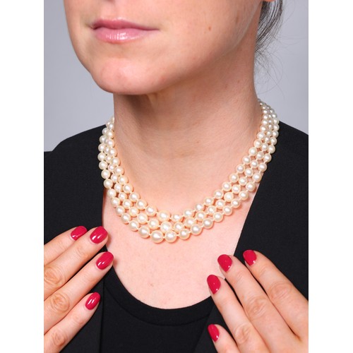 51 - A Pearl Bead Necklace,

the triple strands consisting of forty nine, fifty one and fifty three cultu... 