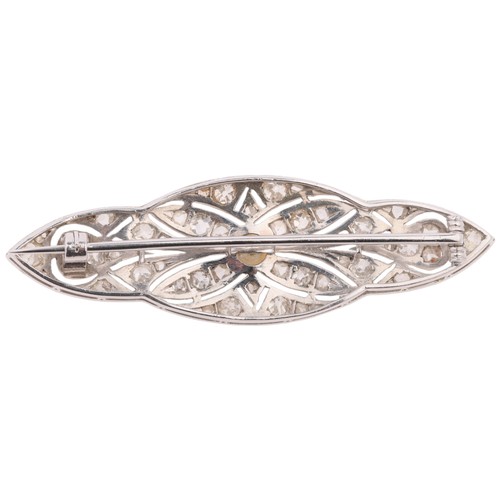 75 - An Art Deco Pearl and Diamond Brooch, 

circa 1930, the shaped marquise open-work panel centrally se... 