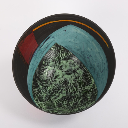 10 - TONY LAVERICK (b.1961), a black porcelain studio pottery bowl, with coloured and lustre glazes, init... 