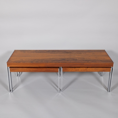 14 - RICHARD YOUNG for Merrow Associates, a nest of 3 rosewood coffee tables with chrome frame, largest t... 