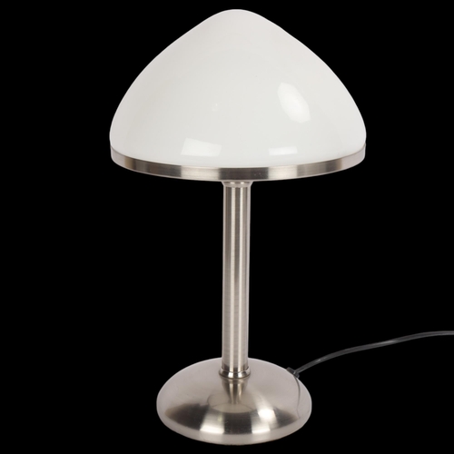 22 - A contemporary table lamp, with white glass shade on brushed steel base, no makers mark, height 38cm