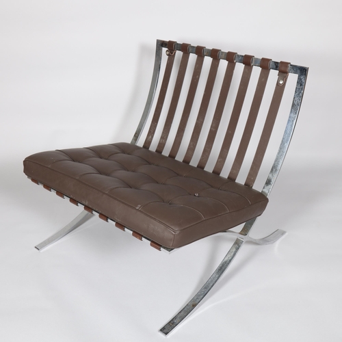 32 - A reproduction Barcelona Chair in faux brown leather and polished steel frame, height 78cm, width 78... 