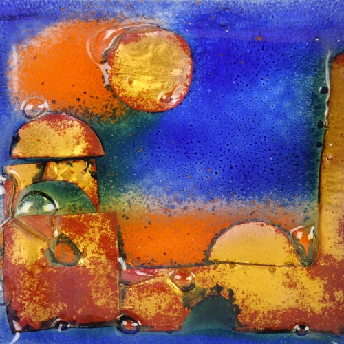 45 - An art glass plate with gold abstract landscape and a textured glass vase, vase height 23cm