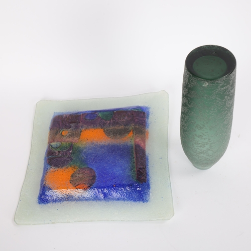 45 - An art glass plate with gold abstract landscape and a textured glass vase, vase height 23cm