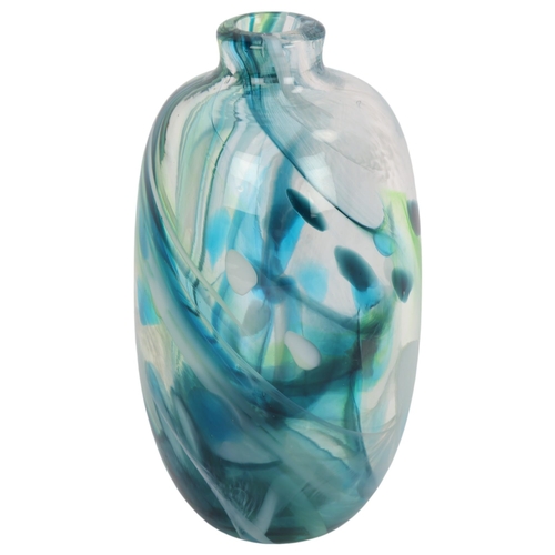 53 - ANDREW SANDERS, a studio glass vase with white blue green organic design, signed to base, height 16c... 