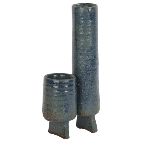 60 - A mid 20th century studio pottery vase, with two blueglazed joined vessels, makers mark to base