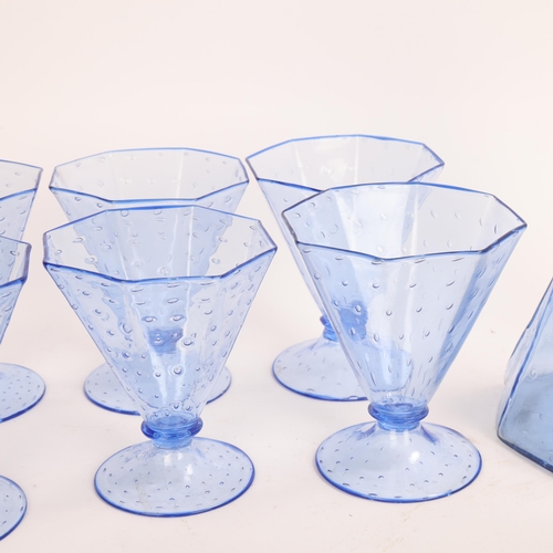 115 - Venetian hand made blue bubble glass water and wine set, 6 large and 4 smaller glasses, no makers ma... 