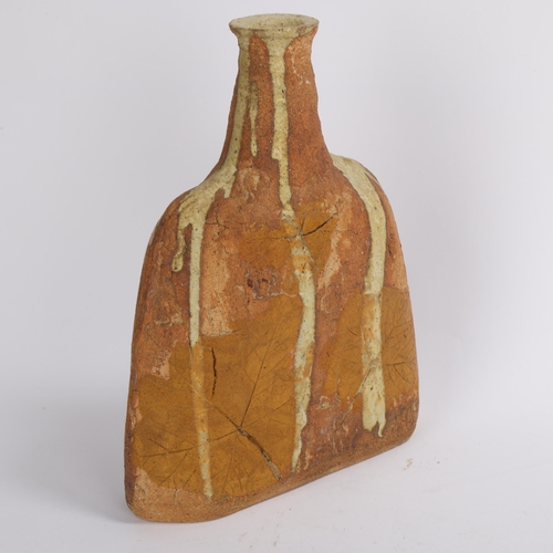 116 - A vintage studio pottery stoneware bottle vase, with impressed leaf decoration, impressed makers mar... 