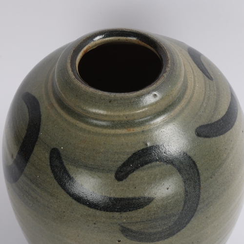 121 - A hand thrown studio pottery stoneware vase with brushwork decoration, no makers mark, height 23cm