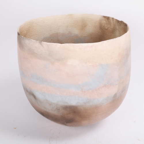 157 - SUE VARLEY, a thinly potted studio pottery bowl formed from coloured clays, subtly banded to present... 