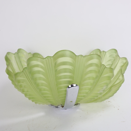 176 - Art Deco glass lampshade with chromed frame and green glass shell shape shades, diameter 36cm