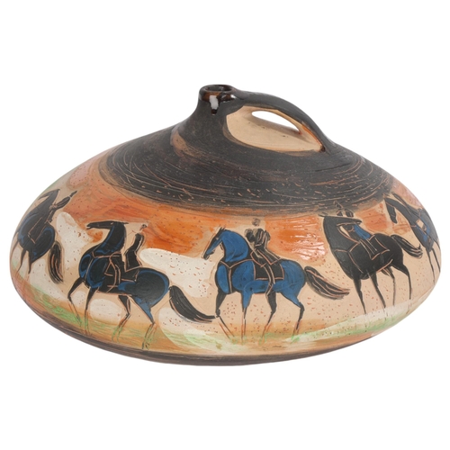 ANRE BRASILER at Vallauris, made in 1984, a vase in partially glazed earthenware with decoration of horse riders in black, blue, green and white, signed on the base “SASSI – MILICI, Vallauris, Empreinte Originale, A Brasilier and signed Andre Brasilier” in script 5.10.1984” and stamped 5/20, height 20cm diameter 34cm