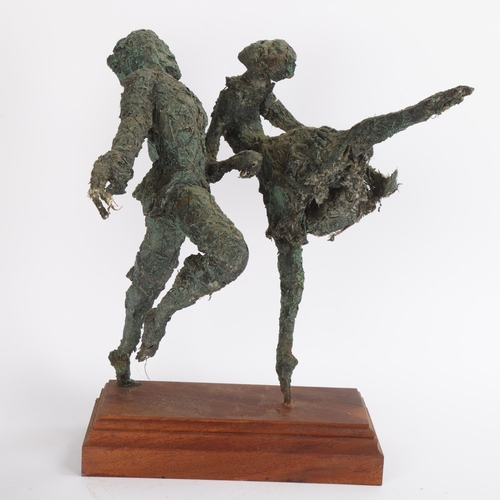 78 - A 20th century bronzed plaster and wirework sculpture of a dancing couple, on wooden plinth, overall... 