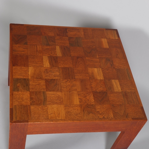 89 - A Danish design teak square coffee table with parquetry top in the form of a chess board, height 36c... 