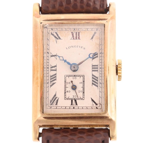 1014 - LONGINES - an Art Deco 9ct gold mechanical wristwatch, circa 1930s, silvered dial with black Roman n... 