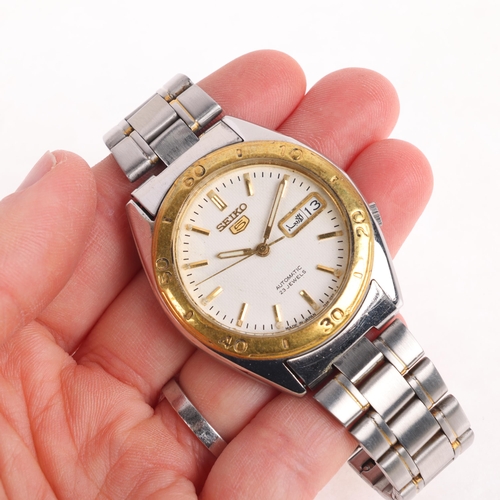 1019 - SEIKO 5 - a gold plated stainless steel automatic day/date bracelet watch, ref. 7S36-3250, white dia... 