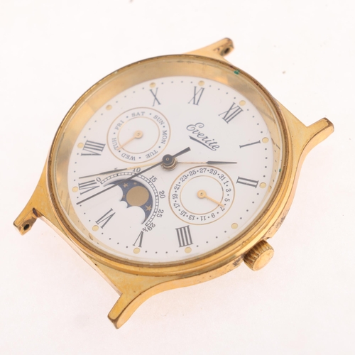 1023 - EVERITE - a Vintage gold plated stainless steel moonphase quartz calendar wristwatch head, white dia... 