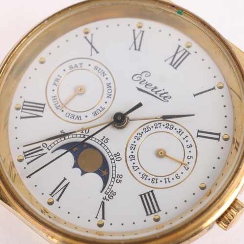 1023 - EVERITE - a Vintage gold plated stainless steel moonphase quartz calendar wristwatch head, white dia... 