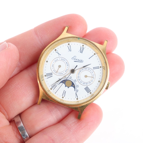 1023 - EVERITE - a Vintage gold plated stainless steel moonphase quartz calendar wristwatch head, white dia... 