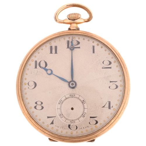 1040 - A gold plated open-face keyless pocket watch, silvered engine turned sunburst dial with black Arabic... 