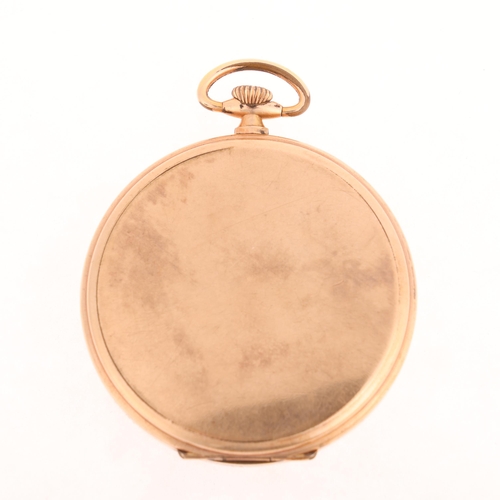 1040 - A gold plated open-face keyless pocket watch, silvered engine turned sunburst dial with black Arabic... 