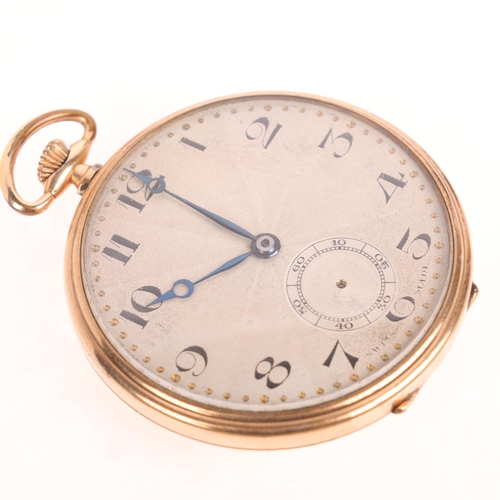 1040 - A gold plated open-face keyless pocket watch, silvered engine turned sunburst dial with black Arabic... 