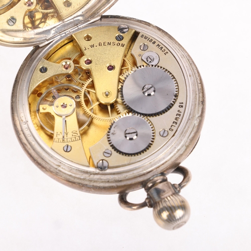 1047 - J W BENSON - an early 20th century silver open-face keyless pocket watch, white enamel dial with bla... 