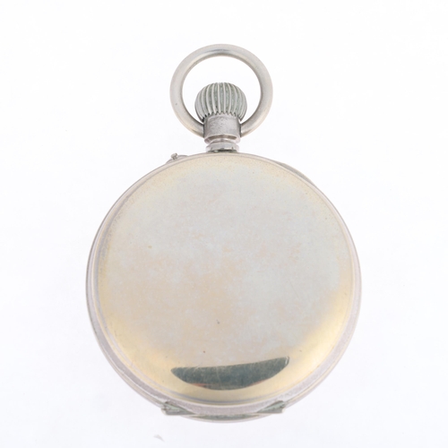 1048 - An Antique nickel open-face keyless Goliath pocket watch, white enamel dial with black Arabic numera... 