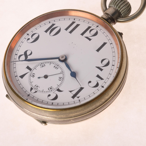 1048 - An Antique nickel open-face keyless Goliath pocket watch, white enamel dial with black Arabic numera... 