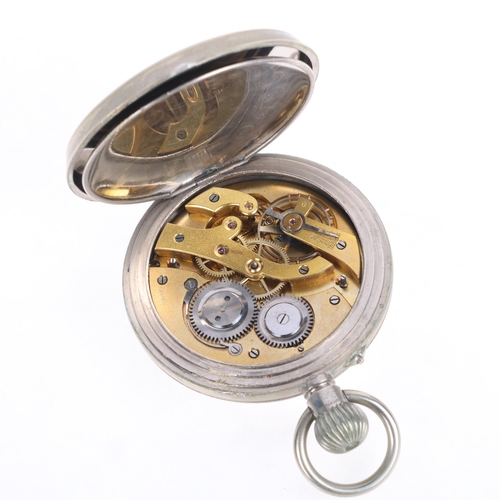 1048 - An Antique nickel open-face keyless Goliath pocket watch, white enamel dial with black Arabic numera... 