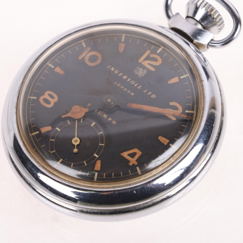 1050 - INGERSOLL - an Antique chrome plated open-face keyless Triumph Coronation Edition pocket watch, blac... 