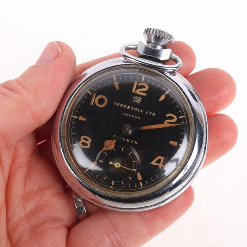 1050 - INGERSOLL - an Antique chrome plated open-face keyless Triumph Coronation Edition pocket watch, blac... 