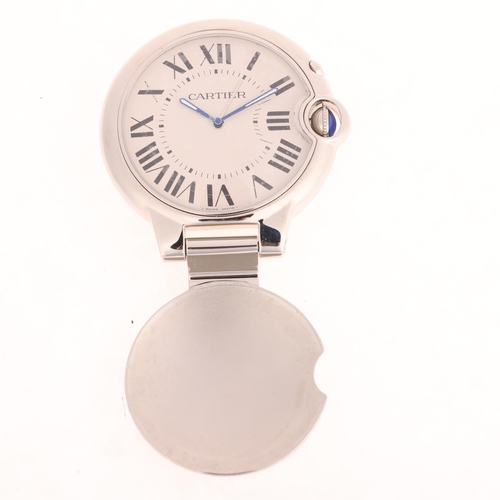 1051 - CARTIER - a chrome Ballon Bleu quartz travel alarm clock, ref. 3038, white dial with Roman numeral h... 