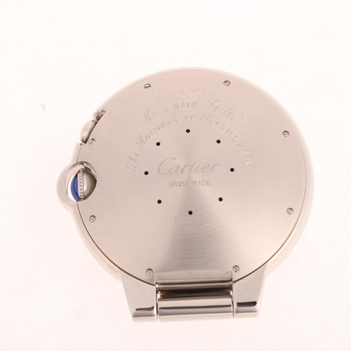 1051 - CARTIER - a chrome Ballon Bleu quartz travel alarm clock, ref. 3038, white dial with Roman numeral h... 