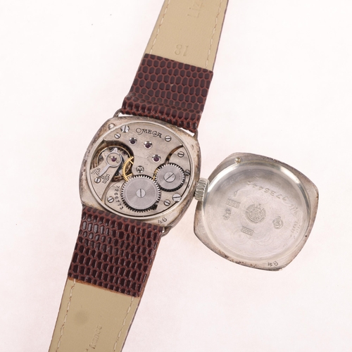 1057 - OMEGA - a First World War Period sterling silver Officer's style trench mechanical wristwatch, white... 