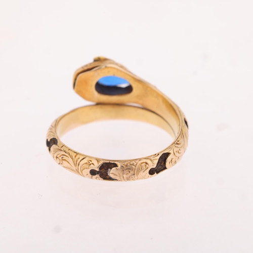 1102 - An Antique Victorian 15ct gold snake mourning ring, circa 1860, realistically modelled as a coiled s... 